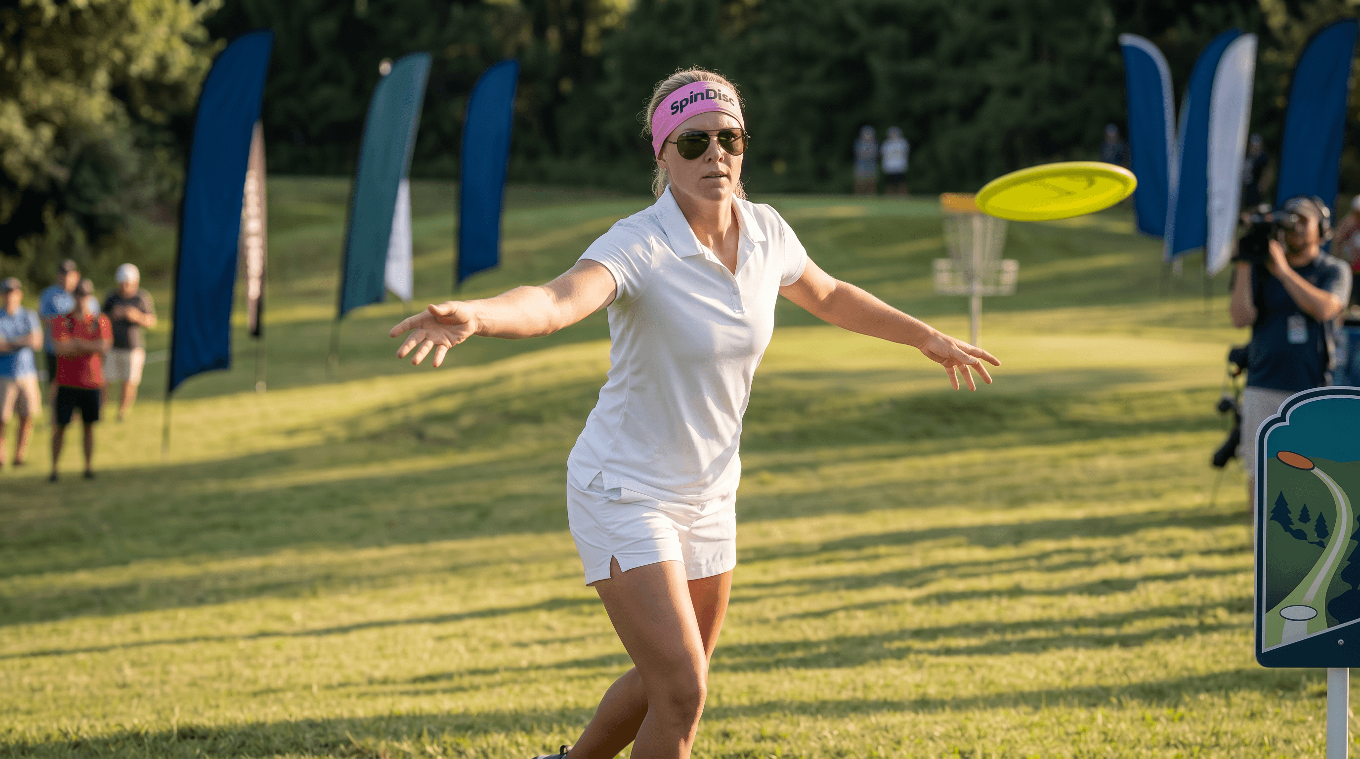 Frisbeegolfpelaaja Spindisc-päähineellä heittämässä